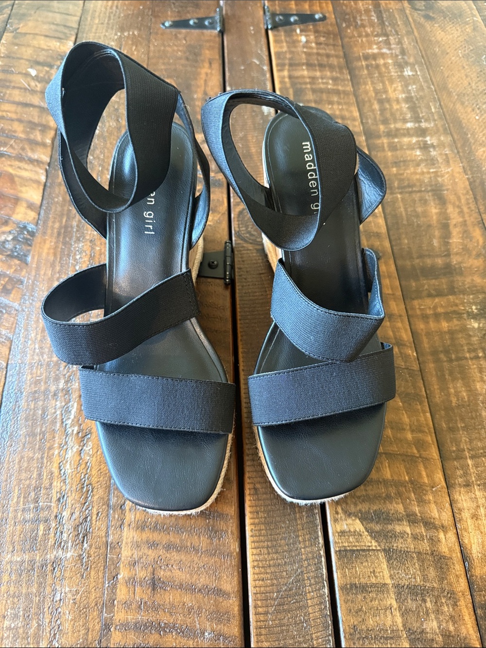 Madden Girl Black Cork Espadrille Wedge Sandals Size 8.5